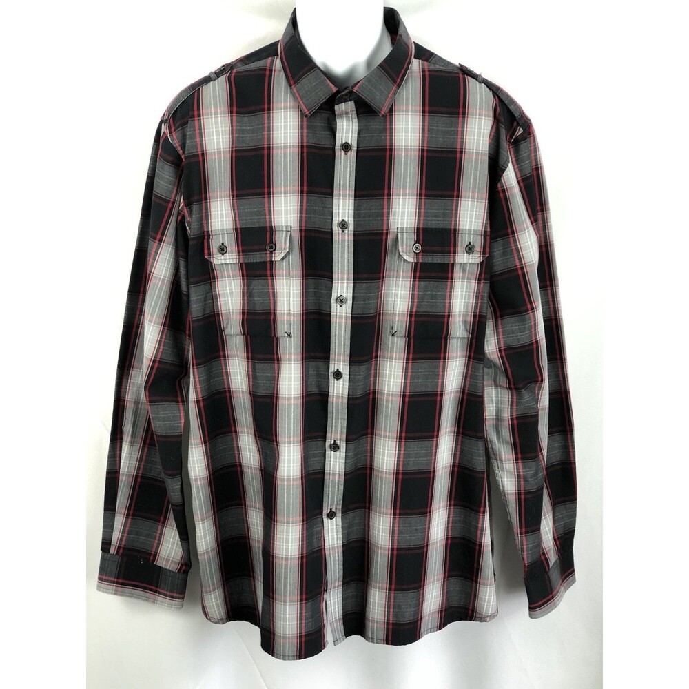 Alfani Button Up Shirt XXL Blk Red Plaid Tartan Longsleeve Pockets Western 90's